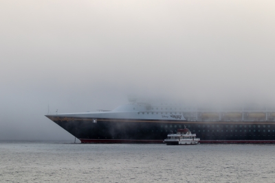 The cruise ship Disney Wonder anchored off Santa Catalina Island, its upper decks obscured by heavy fog.
